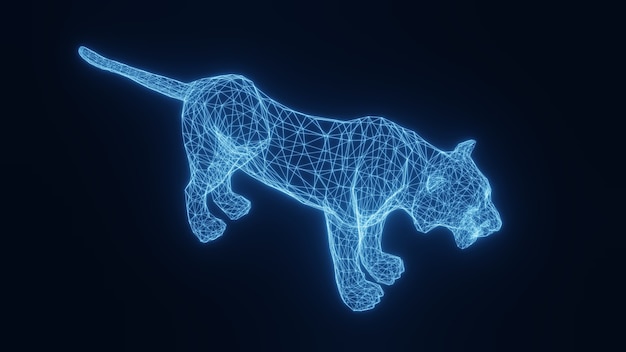 Illustration of a blue neon glowing tiger from a three-dimensional grid. 3d rendering.