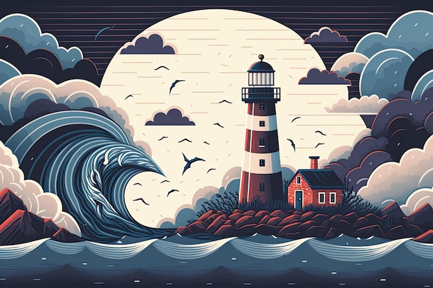 Illustration of a blue sea waves a lighthouse and clouds