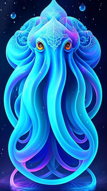 An illustration of a blue squid with yellow eyes