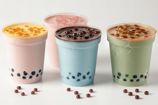 Illustration of boba tea cups with different colors and a pure white background advertising photog