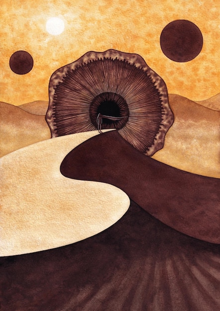 Illustration for the book Dune with a watercolor painting of Paul a large worm in the Desert