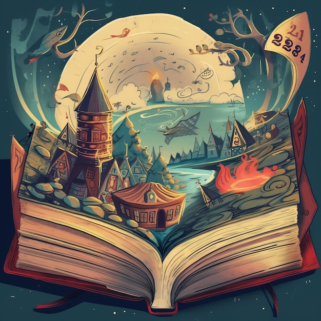 An illustration of a book with a picture of a city and a fire in the middle.