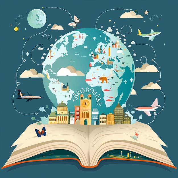 an illustration of a book with a world map and the word world on it