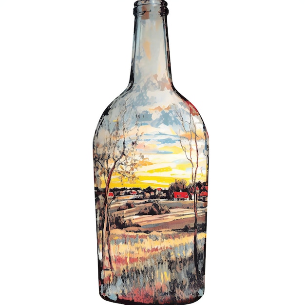 Illustration of a bottle of wine with a landscape on the background