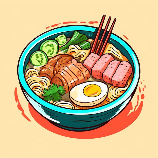 Illustration of a bowl of noodles with meat generative ai