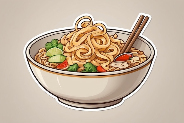 Illustration of a bowl of spaghetti with tomato and cucumber