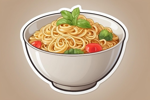 Illustration of a bowl of spaghetti with tomato and cucumber