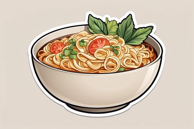 Illustration of a bowl of spaghetti with tomato and cucumber