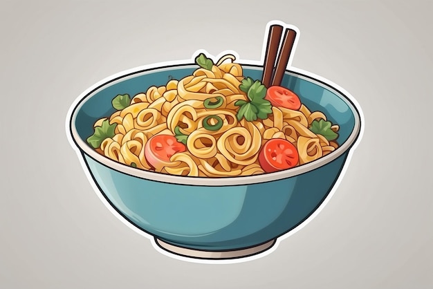 Illustration of a bowl of spaghetti with tomato and cucumber