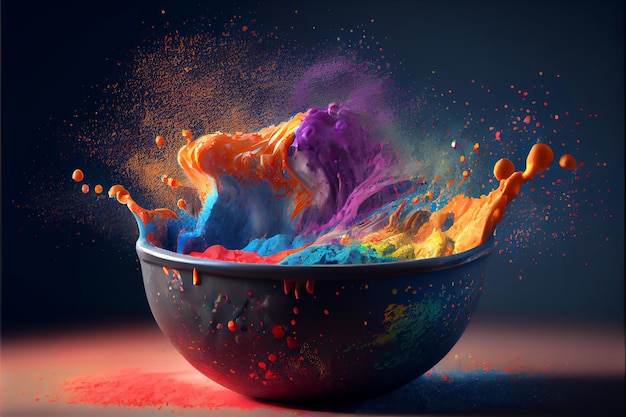 Illustration of bowl with holi dust splashing on black background