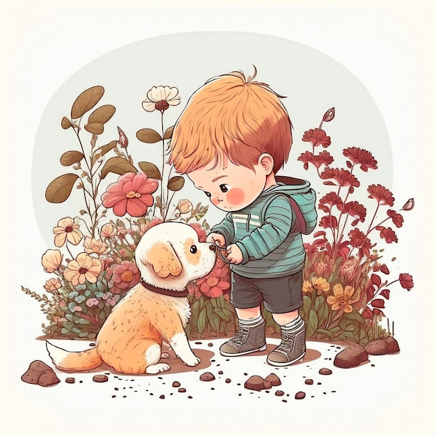 Illustration of a boy playing with a puppy