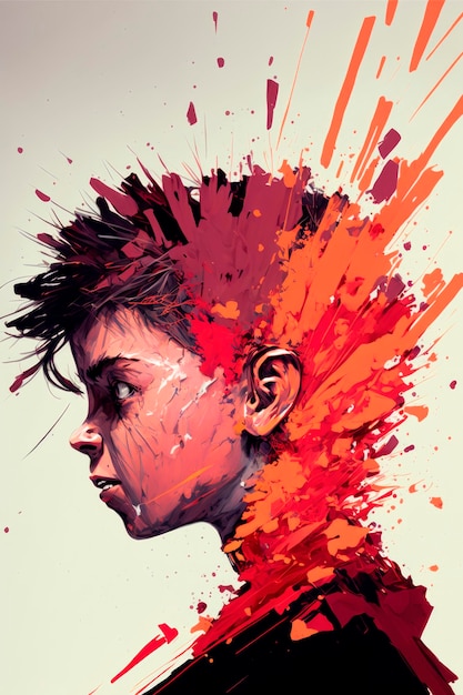 Illustration of a boy39s profile with a paint explosion above it on a white background Generative AI