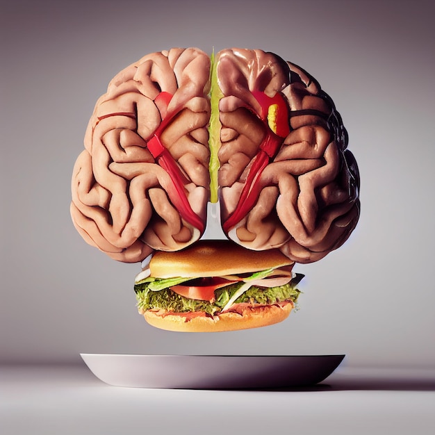 Illustration of a brain made from fast food, like a hamburger, unhealthy eating and lifestyle, risk