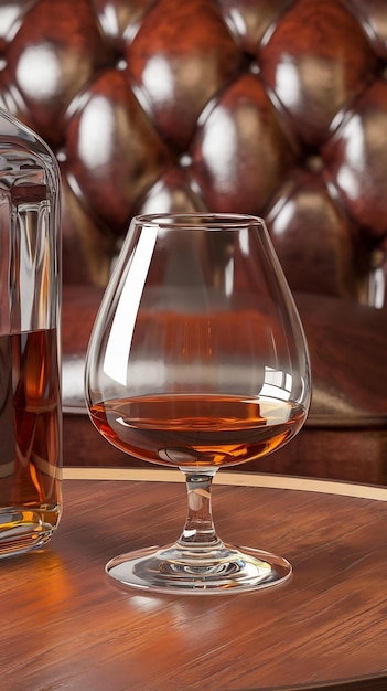 Photo illustration of brandy snifter glass with whiskey placed on wooden table near bottle in front of le