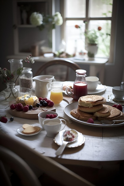 Illustration of breakfast near the window Table with food and beverage Generative AI