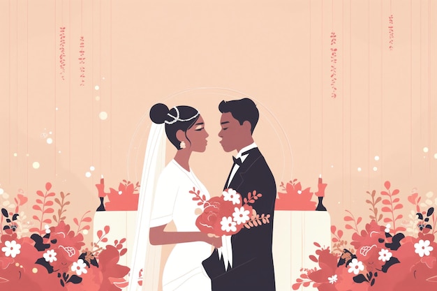 Illustration of bride and groom at wedding ceremony Young couple in love exchange vows Woman