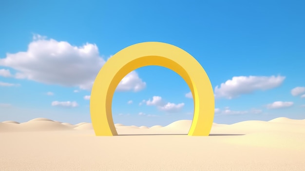 Illustration of a bright yellow arch standing alone in a vast desert landscape