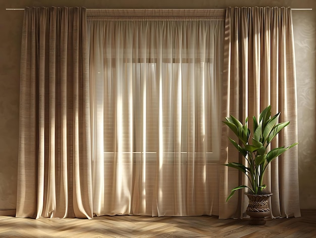 Illustration of Brown Curtains and a Plant in a Pot on a Hardwood Floor