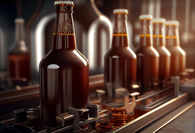 Illustration of brown empty beer bottles on the conveyor belt in the beer or milk factory ai