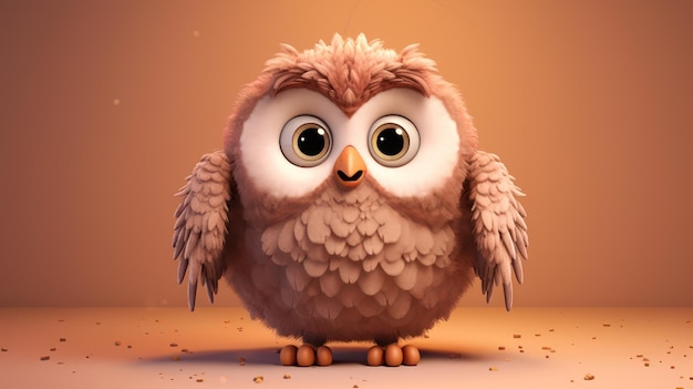 An illustration of a brown owl with big eyes and a pink background.