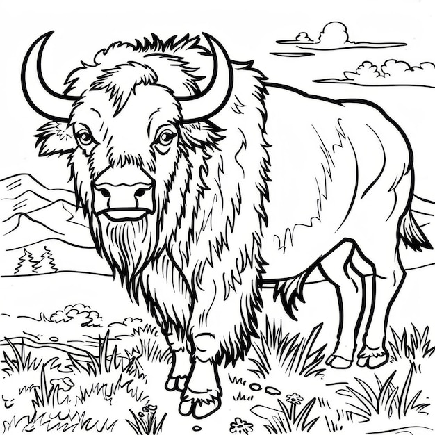 Illustration of a buffalo standing in a natural landscape featuring mountains and grasslands suitable for coloring and educational materials