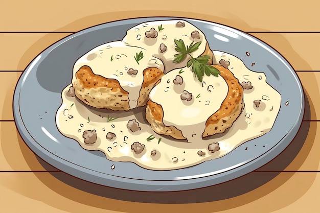 illustration of a Buiscuits and Gravy Food Illustration Generative AI