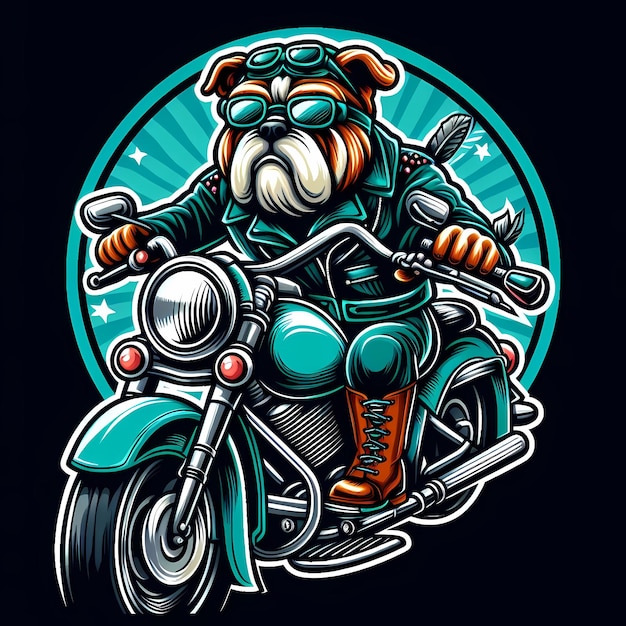 illustration of a bulldog riding a motorcycle