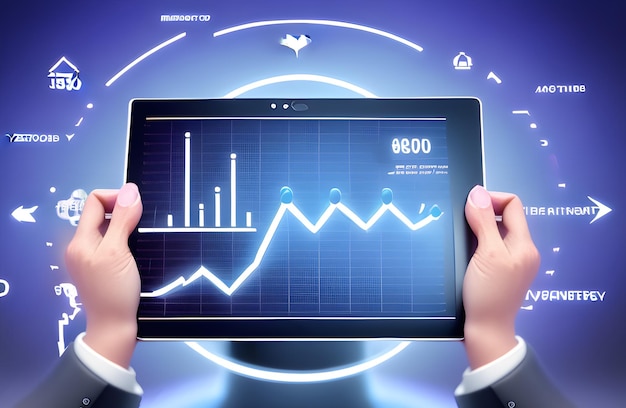 illustration of business 3d tablet virtual growth arrow financial graph on digital technology