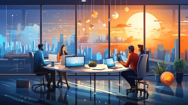 Illustration business consulting collaboration business people working in office analytics banner background