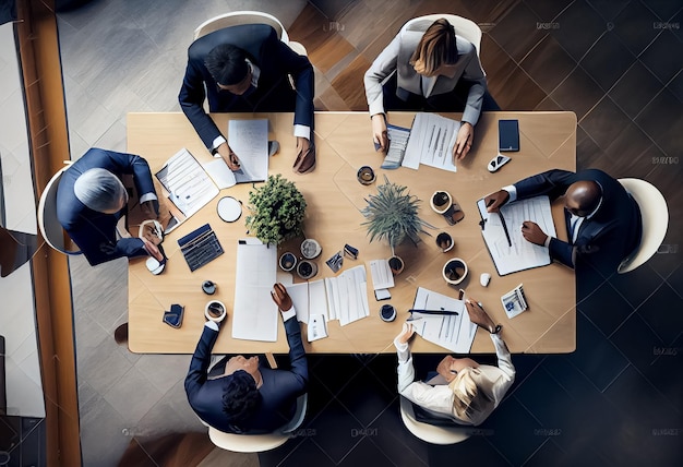 Illustration of business group working in office top view table AI