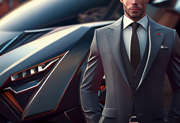 Illustration of business man in elegant suit stand next to lux sport car