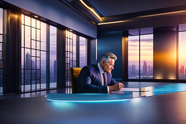 illustration of a businessman contemplating the landscape from a skyscraper