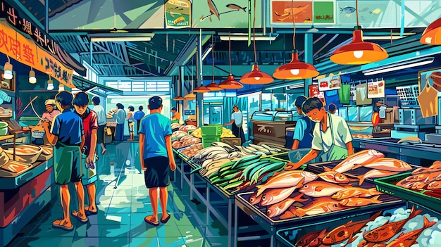 An illustration of a bustling fish market in Southeast Asia