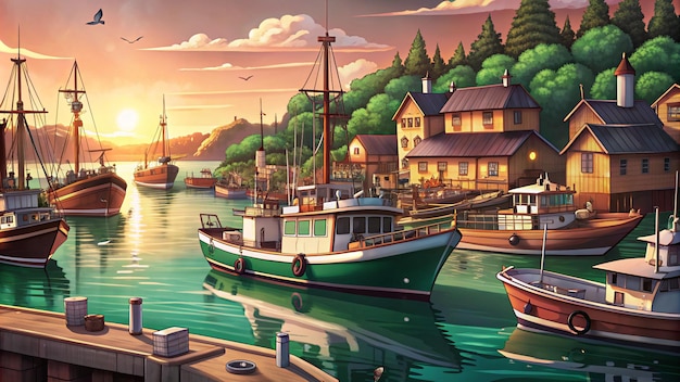 Illustration of a Bustling Harbor