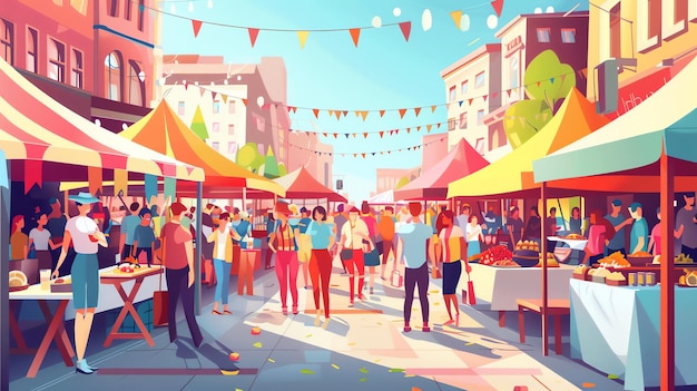 An illustration of a bustling street market with colorful tents and people shopping