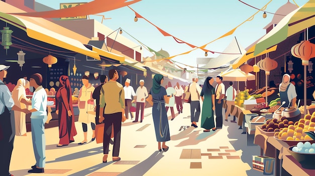 An illustration of a busy outdoor market with people shopping for fresh produce