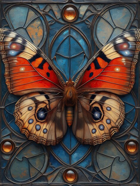 Illustration of a butterfly with orange and brown wings on a stained glasslike background