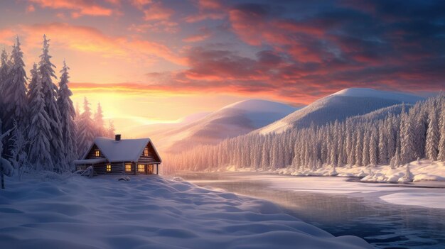 a illustration of a cabin in a snowy landscape