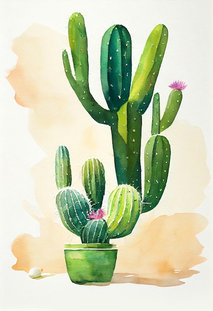 Illustration of Cactus Plant in Watercolor Painting Style