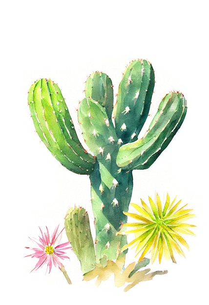 Illustration of Cactus Plant in Watercolor Painting Style