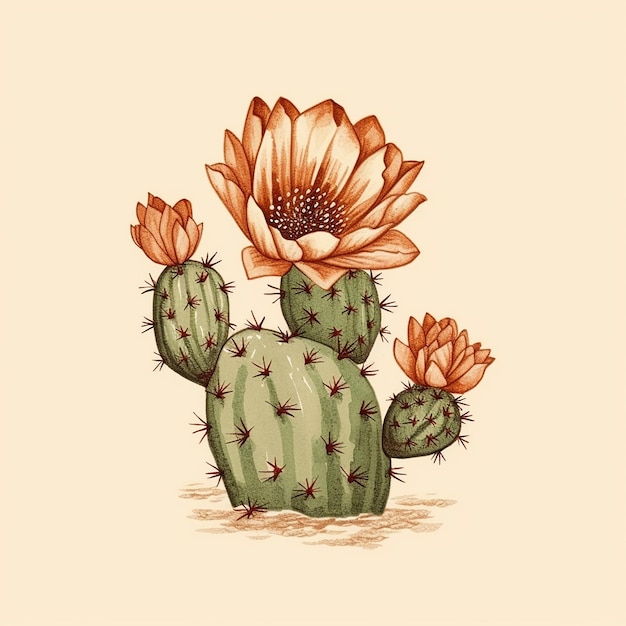 Illustration of a cactus with flowers on a beige background vector art illustration