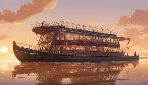 An illustration of a calm river passenger boat