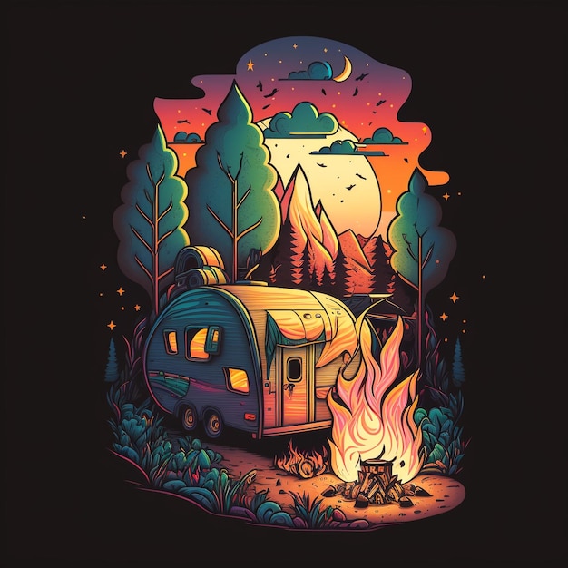 Illustration of a camper with a camper on the background of a forest and the moon.