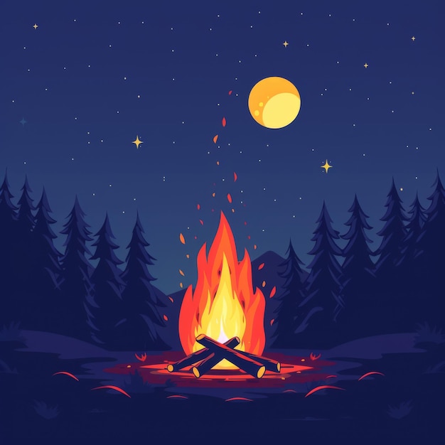 Photo illustration of a campfire burning brightly at night with a starry sky and moon in the background surrounded by pine trees