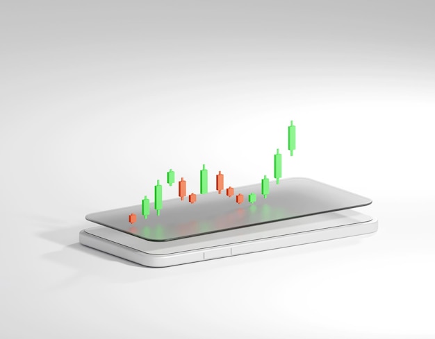 The illustration of canddlestick chart on smartphone in 3D Render