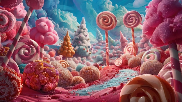 Illustration of Candy Land with Lollipop Trees and Candy Floss Clouds