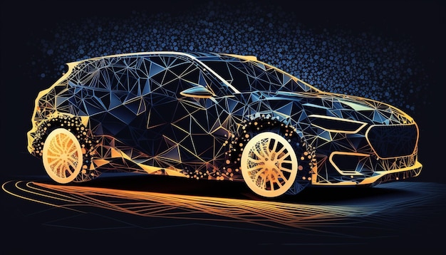 Illustration of a car made of lines and dots on a dark blue background