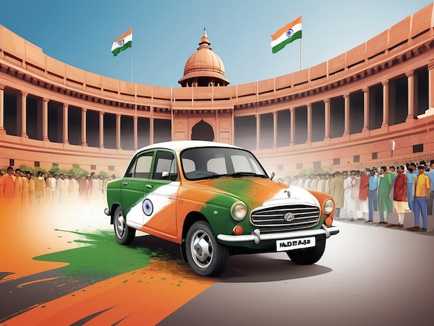 Illustration of a car with Indian flag texture celebrating independence day