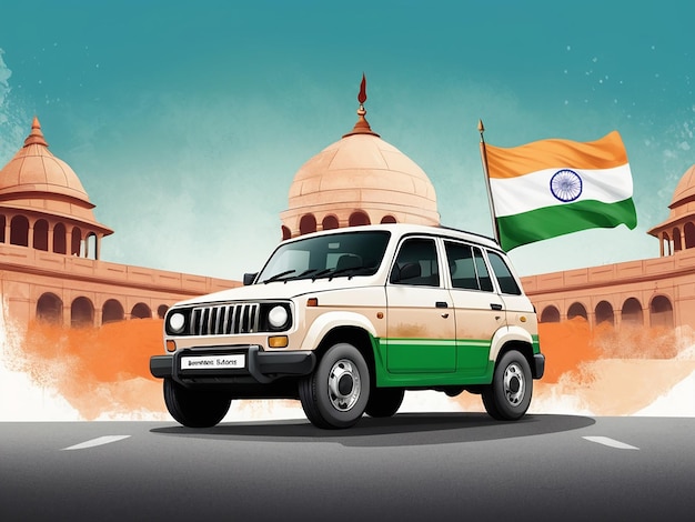 Illustration of a car with Indian flag texture celebrating independence day