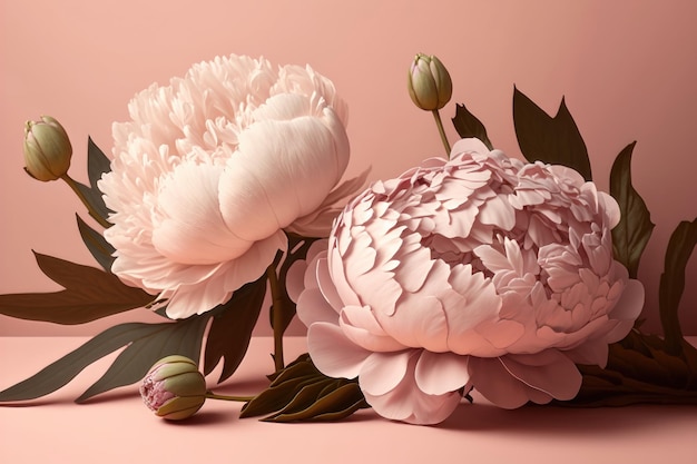 Illustration of a card with pink peony flowers AI generation